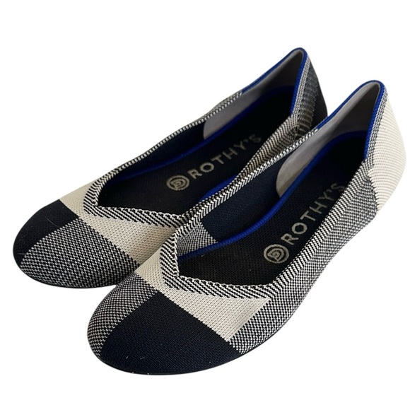 Rothy's Shoes - Rothy's Women's The Flat Cap Round Toe Black Cream Plaid Slip on Flats Size 8